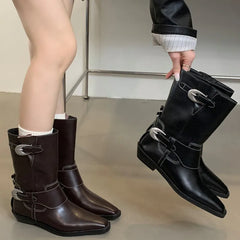 LIZAKOSHT - Belt Buckle Chelsea Boots For Women Mid Heel Western Pointed Toe Retro Solid Color Female Shoes Designer New Sewing All-matching