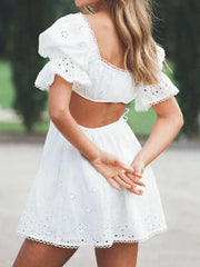 LIZAKOSHT - Woman Short Puff Sleeve V neck White Holiday Cotton Robe Sexy Embroidery Hollow Out Flower Slit Waist Backless Mini Dress