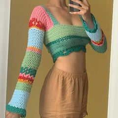 LIZAKOSHT - Knit Long Sleeve Pullover Sweaters for Women Casual Square Collar Short Slim Sweater Autumn Vintage Striped Jumper