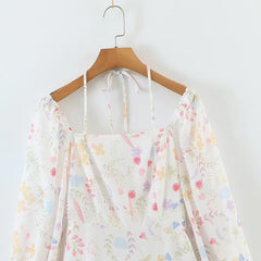 LIZAKOSHT - Sweet Women Floral Print Chiffon Dress Long Sleeve Square Neck Female Holiday Summer Dresses Spring Summer 2024 Short Robe