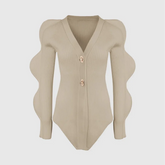 LIZAKOSHT - V-Neck Shoulder Pad Knit Jacket Woman Wavy Edge Sleeves Single Breasted Solid Color Slim Tops Versatile Causal Women's New Tops