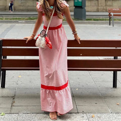 LIZAKOSHT - High Street Bow Strap Contract Color Bohemian Dress 2024 Women Waist Ruffle Dress Fashion Elegant Striped Print Women Maxi Dress