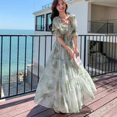LIZAKOSHT - Green Woman Dresses Square Neck Elegant Spring Summer Vestidos Mujer Puff Sleeve Beach Style Retro Long Dress
