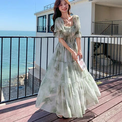 LIZAKOSHT - Green Woman Dresses Square Neck Elegant Spring Summer Vestidos Mujer Puff Sleeve Beach Style Retro Long Dress
