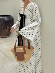 LIZAKOSHT - Elegant Bow V-Neck Floral Polka Dot Maxi Dress For Women Long Sleeves Loose Contrast Party Dress Evening Women Maxi Dress