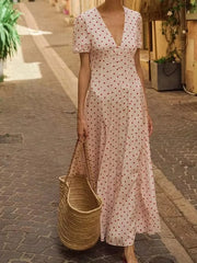 LIZAKOSHT - Elegant Polka Dot Printed Bohemian Women Long Dress Fashion Hight Wasit Party Dress V-neck Short Sleeve Seaside Vacation Dress