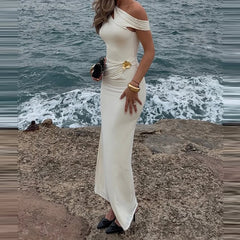 LIZAKOSHT - Temperament Slash Collar Hollow Out Bodycon Dress Fashion Solid Color Shawl Sleeve Party Dress Elegant Lady Beach Vacation Dress