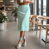 LIZAKOSHT - Women Satin Lace Trim Maxi Skirt Silk Lace Patchwork Silk High Waist Midi Skirt Lady Flowy Work Half Slip Long Skirt