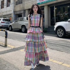 LIZAKOSHT  -  Plaid Dress Rainbow Summer Japanese Kawaii Women Casual Sleeveless Even Party Y2k Korean Fashion Lolita Style Vintage Cake Dress