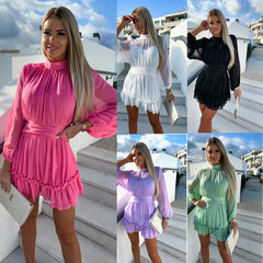 LIZAKOSHT  -  Sweet Casual Vaion Dr Women's Stand Collar Chiffon A-Line Skirt Ele Folded High Waist Spring Summer Long Sve