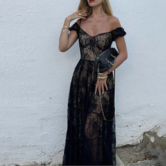 LIZAKOSHT - French Style Lace Solid Color Evening Dress Summer New Slash Collar Garden Party Dress Elegant High Waist Pleated Banquet Dress