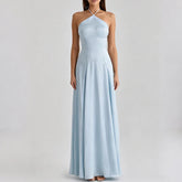 LIZAKOSHT - Elegant Sleeveless Waist Solid Satin Long Dress Sexy Backless Hollow Slim Party Dress Halter Neck Tie-Up Satin Women Gowns Dress