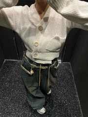 LIZAKOSHT - Ladies Button V-neck Pullover Sweater Korean Fall Winter Outer Solid Color Cardigan Loose Long-sleeved Short Knitted Tops