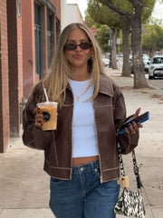 LIZAKOSHT  -  Women Solid Zipper Leather Jacket Fashion Patchwork Lapel Collar Long Sleeve Loose Overcoat Female Autumn High Street Outerwear