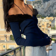 LIZAKOSHT - Autumn Long Sleeve Button Up Cropped Cardigan Women Off Shoulder Fur Collar Patchwork New Fairy Y2k Fashion Knitted Sweater Tops