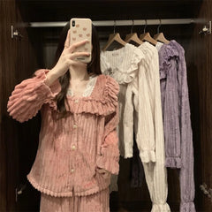 LIZAKOSHT - Coral Fleece Pajamas Sets for Women Plush Soft Warm Square Collar Lace Sweet 2 Piece Bow Tie Elegance Thickened Warm Homewear