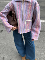LIZAKOSHT - Chic Colorful Striped Lapel Collar Jacket Women Full Sleeve Zipper Patch Pockets Coat 2025 Autumn Female Chic Casual Outerwear