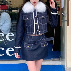 LIZAKOSHT - Hot Girl Short Skirt Two-Piece Suit Fur Collar Shiny Silk Dark Blue Imitation Denim Jacket Tight Hip Wrap Skirt Hot Girl