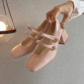 LIZAKOSHT - Nude Patent Leather Mary Janes Shoes Retro Square Toe Chunky Heeled Buckle Strap High Heels Fashion Small Leather Ladies Pumps