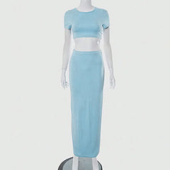 LIZAKOSHT - Sexy T-shirt Skirt Two Piece Set Women New Short Sleeve O-Neck Crop Top High Waist Skirt Solid Fashion Suit Streetwear Partywear