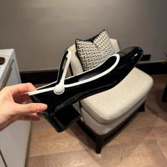 LIZAKOSHT - Japanned Leather Mary Janes Woman Color Block High Heels Shoes Ladies Belt Buckle Tacones Wedges Chunky Heeled Escarpins Mujer