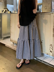 LIZAKOSHT - Hot Sale Summer Long Skirts Women Plaid Loose Chic New Summer All Match Fashion 2024 Mujer Slim Gentle Vacation