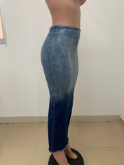 LIZAKOSHT - Women Fashion Gradient High Waist Zipper Back Bodycon Midi Pencil Maxi Long Denim Skirt Street INS Jean Skirts