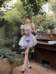 LIZAKOSHT  -  Mini Dress Puff Sleeves Purple Sweet Elegent Party Women Vintage French Fairy Dress Female Chiffon Korea Sexy Dress Summer 2024