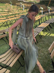 LIZAKOSHT - Contrast Color Hanging Neck Maxi Dress Women Chic Off Shoulder Sleeveless Split Loose Long Robes Lady Casual Party Dresses