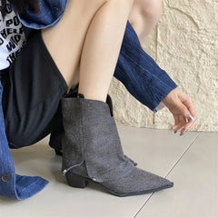 LIZAKOSHT  -  Pointy Boot Winter Shoes For Women Round Toe Boots-Women  Pointe Rubber Ankle Autumn Low Cowboy Ladies Rome Solid Microfibe