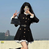 LIZAKOSHT - French Fashion Mini Dress Women Small Fragrance Long Sleeve Button Patchwork Suit Dresses Sweet Belt Slim O Neck Chic Vestidos