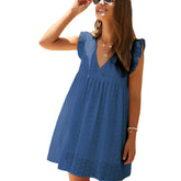 LIZAKOSHT - Temperament Commuter Women's Wear Summer V-Neck Short Sleeve Lace Dress