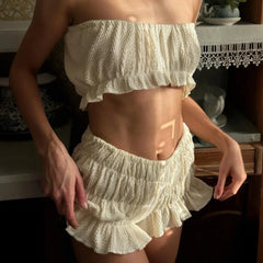 LIZAKOSHT - Summer Ruffle Bandeau Set Women's Cropped Tube Top & High Waist Shorts Beach Cover Up & Loungewear 2-Piece Outfit