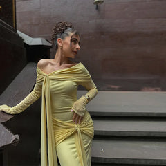 LIZAKOSHT - Off-Shoulder Pleated Long Dresses Women Fashion Solid Slim Ribbon Hip Pocket Maxi Dress Lady Summer Chic Evening Party Robes