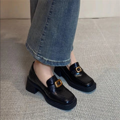 LIZAKOSHT - Women's Leather Shoes New Retro White Chunky Heel Loafers Women's British Style High Heels Metal Buckle Thick Heel Single Shoes