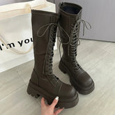 LIZAKOSHT - Flats Platform High Boots Women's Designer Shoes for Woman Winter Knee High Boots Lace Up Trend Goth Fashion Boots Femme