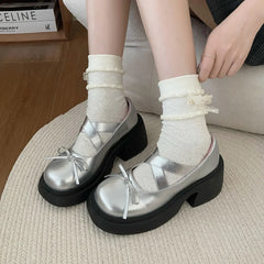 LIZAKOSHT - Fashion Casual PU Leather Mary Janes Shoes for Women Summer Autumn Bow Platform Bow Designer Chunky Heel Ladies Shoes
