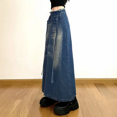 LIZAKOSHT - Denim Skirt Streamer Slit Long Skirt Burr High Waist Slim European And American Spice Girls A-Line Skirt Tide