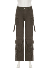 LIZAKOSHT - Y2K Denim Flare Pants Women Pockets Patchwork Straight Cargo Low Waist Trousers Vintage Casual Gray Streetwear Jeans