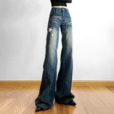 LIZAKOSHT - bell-bottoms Embroidered Star American Retro Women Street Y2K Jeans Wide Leg Loose Stripe All-match Mopping Pants Fashion Street