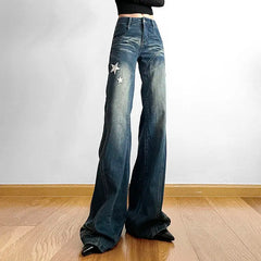 LIZAKOSHT - bell-bottoms Embroidered Star American Retro Women Street Y2K Jeans Wide Leg Loose Stripe All-match Mopping Pants Fashion Street