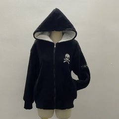 LIZAKOSHT  -  American Vintage Punk Embroidery Cross Autumn Winter Cardigan Hooded Sweatshirt Jacket Fleece Streetwear Black Long Sleeve Coat