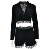 LIZAKOSHT - Women Fashion Lace Patchwork Velvet 2 Piece Set Long Sleeve Blazers Coat Crop Tops + Shorts Elegant Office Lady Casual Suits