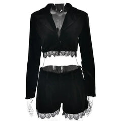 LIZAKOSHT  -  Women Fashion Lace Patchwork Velvet 2 Piece Set Long Sleeve Blazers Coat Crop Tops + Shorts Elegant Office Lady Casual Suits