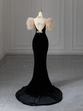 LIZAKOSHT - Sweetheart Bow Evening Dresses Elegant Puff Sleeves Mermaid Black Velvet Fishtail Noble Wedding Formal Party Prom Gowns Formal