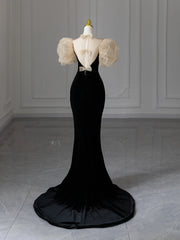 LIZAKOSHT - Sweetheart Bow Evening Dresses Elegant Puff Sleeves Mermaid Black Velvet Fishtail Noble Wedding Formal Party Prom Gowns Formal