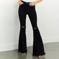 LIZAKOSHT - Y2k Jeans For Woman High Waist Ripped Flared Stretch Denim Pants Tattered Hem Slim Fit Long Trousers Fashion Trendy Chic