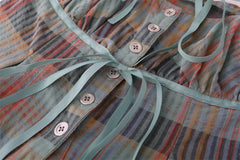 LIZAKOSHT - Women's Retro Contrast Color Pliad Short-sleeved Pure Cotton Shirts Female Summer Lace-up Slimming Single-breasted Blouse Tops