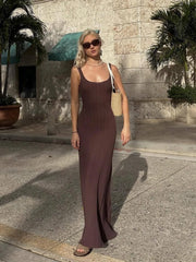 Lizakosht 2024 New Solid Pit Striped Knitted Dress U Collar Sleeveless Slim Suspender Maxi Dresses Elegant Fashion Summer Holiday Vestidos
