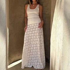 LIZAKOSHT - Elegant Women Lace White High Waist Party Long Dress See Through Summer Beachwear Party Ladies Maxi Vestidos
